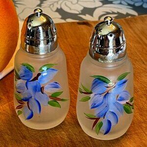 Vintage Frosted Glass Salt and Pepper Shakers with Blue Wisteria Flowers